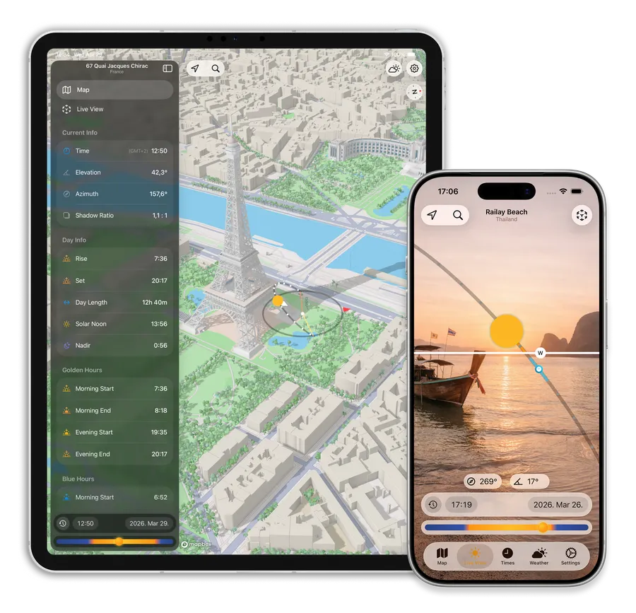 SunCast iPhone app showing AR sun path overlay on a building