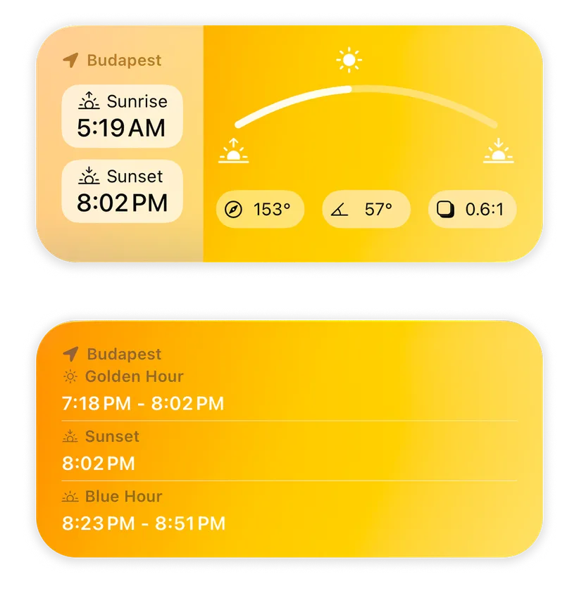 Home screen widgets showing today's sunrise and sunset times